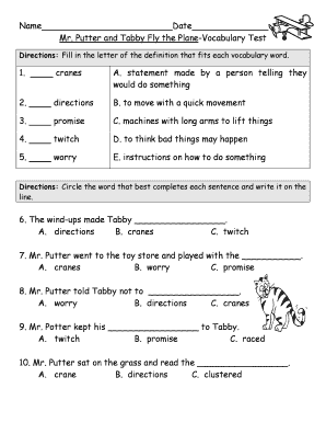 Mr. Putter and Tabby Fly the Plane-Vocabulary Test