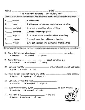 The Pine Park Mystery Vocabulary Test