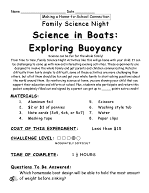 Family Science Night Buoyancy Experiment Form
