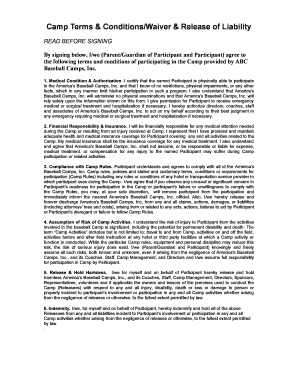 Baseball Camp Waiver and Release of Liability