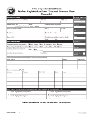 Aldine ISD Student Registration Form