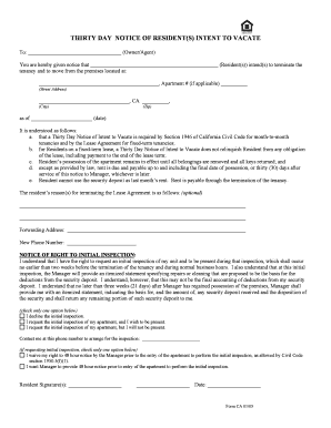 Thirty Day Notice of Intent to Vacate