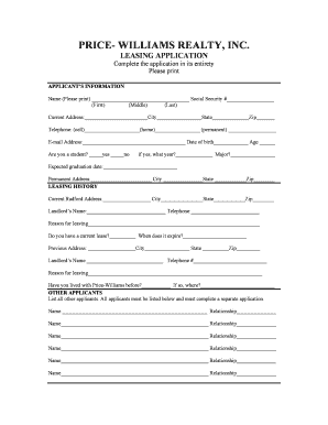 Price-Williams Realty Leasing Application