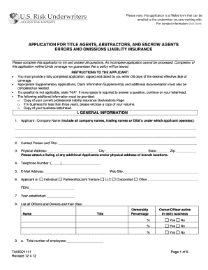 Title Agents Errors and Omissions Insurance Application