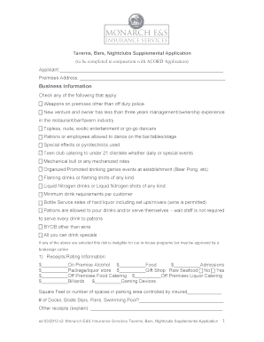 Taverns Bars Nightclubs Supplemental Application