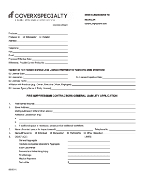 Fire Suppression Contractors General Liability Application
