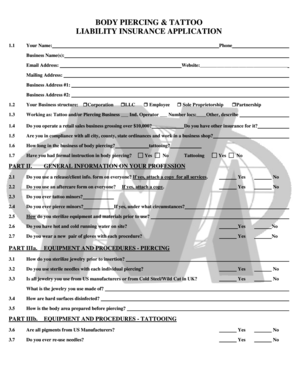 Body Piercing & Tattoo Liability Insurance Application