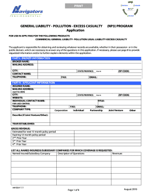 General Liability Pollution Excess Casualty Application