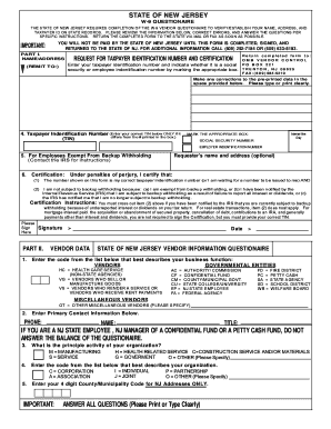 New Jersey W-9 Vendor Questionnaire