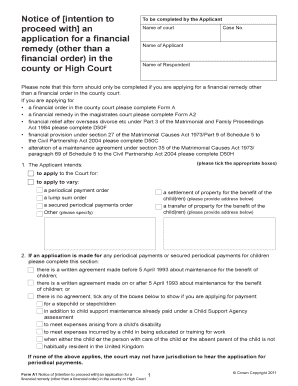 Form A1 Notice of Financial Remedy Application