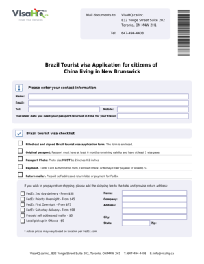 832 Yonge Street Suite 202 Toronto, ON M4W 2H1 6474944408 Brazil Tourist visa Application for citizens of China living in New Brunswick Please enter your contact information Name: Email: Tel: Mobile: The latest date you need your passport -