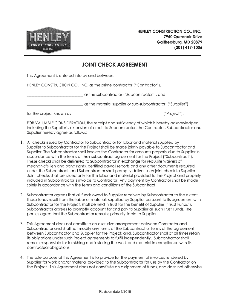 Joint Check Agreement Template - Fill Online, Printable, Fillable Within joint check agreement template