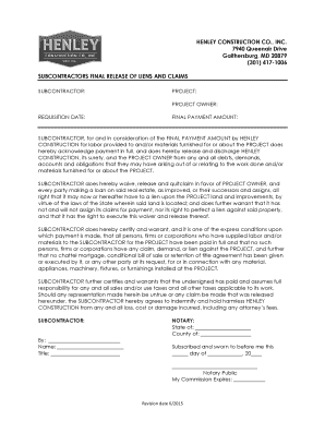Subcontractor Final Release of Liens and Claims