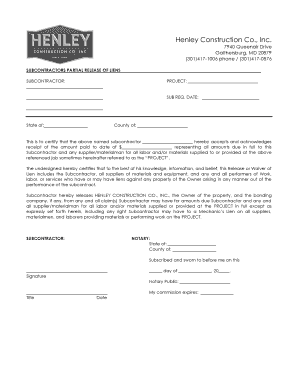 Subcontractor Partial Release of Liens