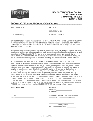 Subcontractor Partial Release of Liens and Claims