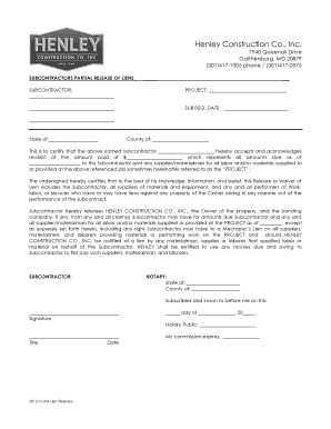 Subcontractor Partial Release of Liens
