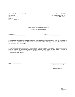 Declaration of Loss of Certificate of Insurance