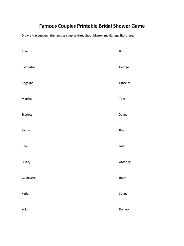 Fillable Online Famous Couples Printable Bridal Shower Game Fax Email ...