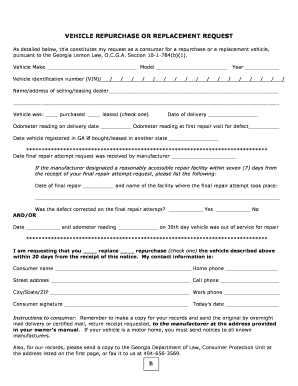 Georgia Lemon Law Vehicle Repurchase or Replacement Request