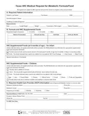 Texas WIC Medical Request for Metabolic Formula/Food