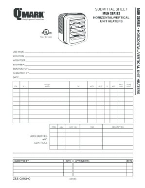 MUH Series Unit Heater Submittal Sheet