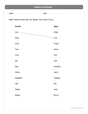 Babies of Animals Matching Worksheet