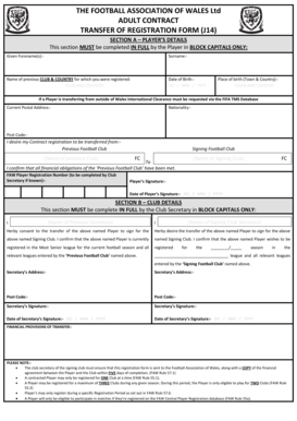 Football Association of Wales Adult Contract Transfer Form
