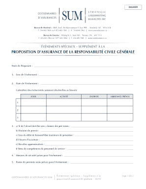 ÉVÉNEMENTS SPÉCIAUX – SUPPLÉMENT À LA PROPOSITION D’ASSURANCE DE LA RESPONSABILITÉ CIVILE GÉNÉRALE