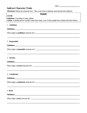 Indirect Character Traits Worksheet