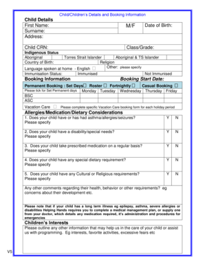 Child Care Booking Information Form
