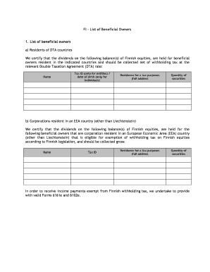 Finland Beneficial Owners Certification Form