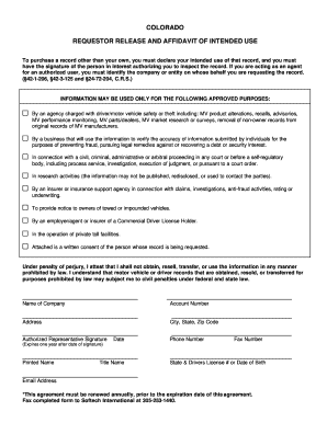 Colorado Requestor Release and Affidavit of Intended Use
