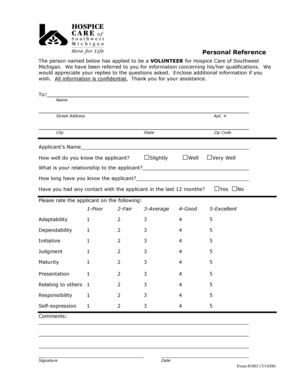 Personal Reference for Volunteer Application