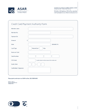 ASAR Credit Card Payment Authority Form