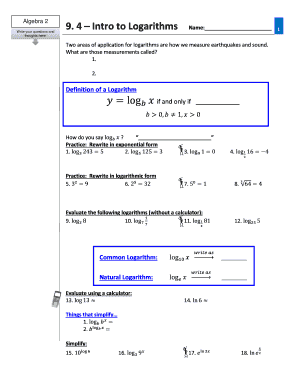 Algebra 2 Intro to Logarithms Worksheet
