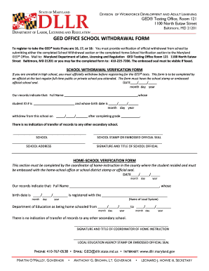 Maryland GED Office School Withdrawal Form