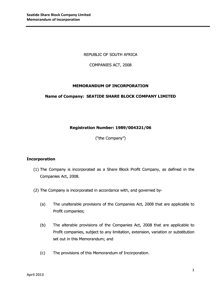 memorandum of incorporation template word doc Preview on Page 1