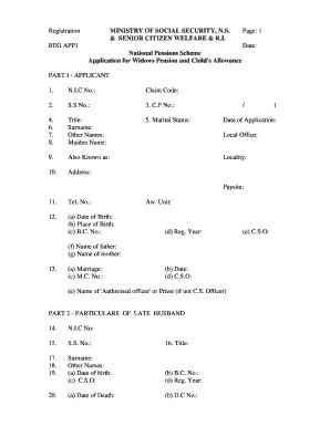 Application for Widows Pension and Child's Allowance