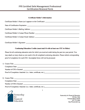 PFE Certified Debt Management Professional Certification Renewal Form