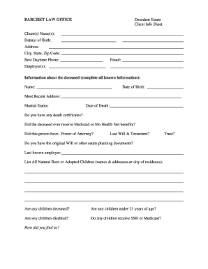 Decedent Estate Client Info Sheet