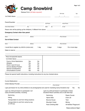 Camp Snowbird Child Release and Consent Form