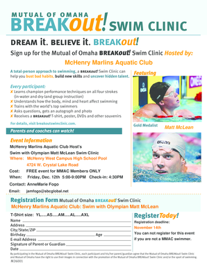 Mutual of Omaha Breakout Swim Clinic Registration Form