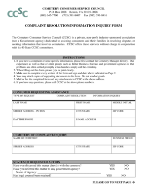 Cemetery Consumer Service Council Complaint Resolution Form