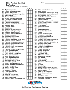 PreAlgebra Skills Practice Checklist