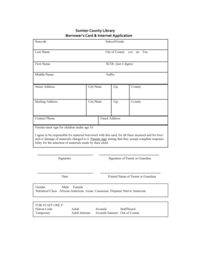 Sumter County Library Borrower's Card Application