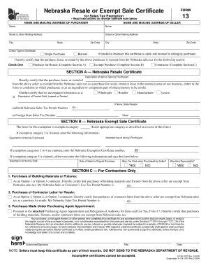Nebraska Resale or Exempt Sale Certificate
