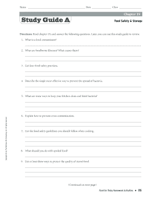 Chapter 19 Study Guide Food Safety & Storage