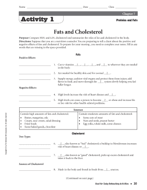 Proteins and Fats Activity Worksheet