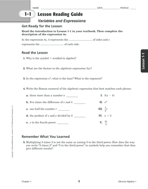 Algebra 1 Lesson Reading Guide