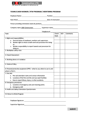 Young Worker Return to Work Program Orientation Form